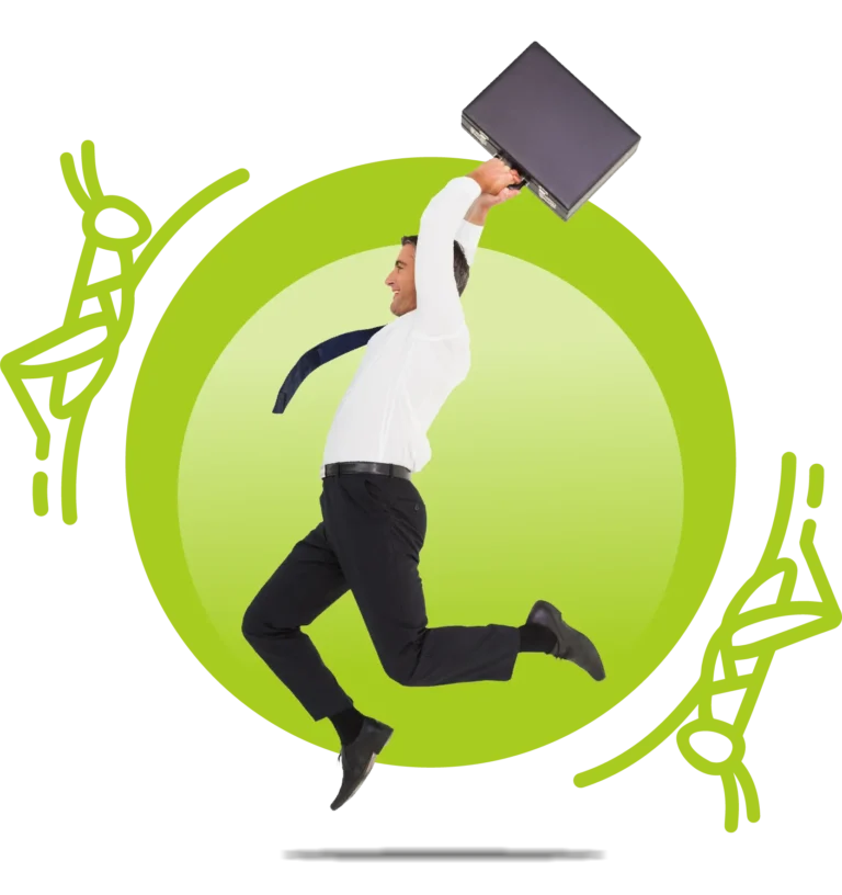 Hombre de negocios dando un salto con maletín que simboliza superar obstáculos y crecer con Brinko