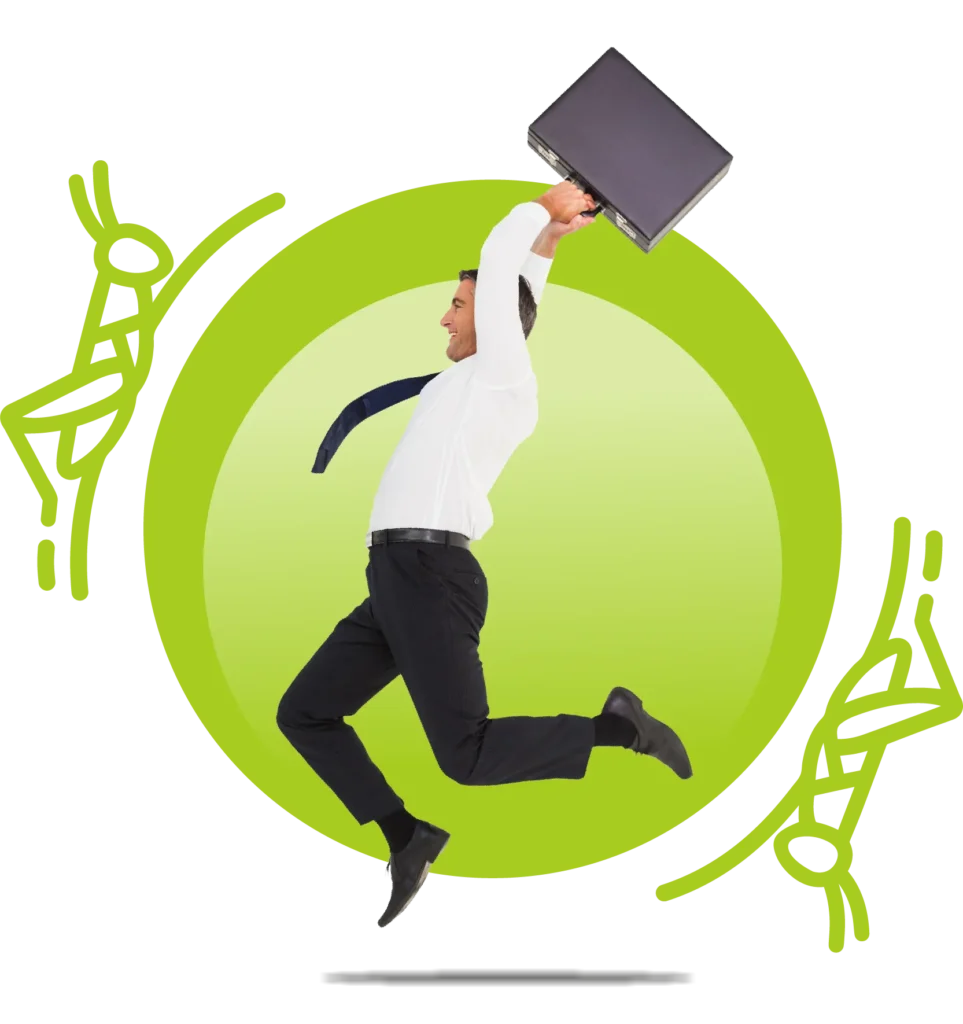 Hombre de negocios dando un salto con maletín que simboliza superar obstáculos y crecer con Brinko